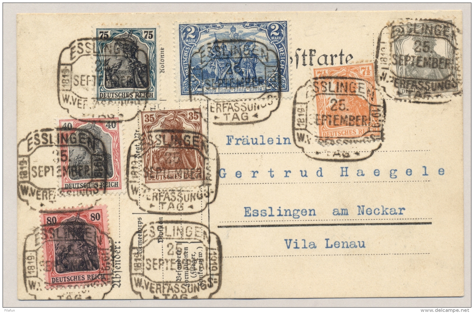 Deutsches Reich - 1919 - 7 Stamps On Postcard Cancelled Esslingen W. Verfassungstag - Brieven En Documenten