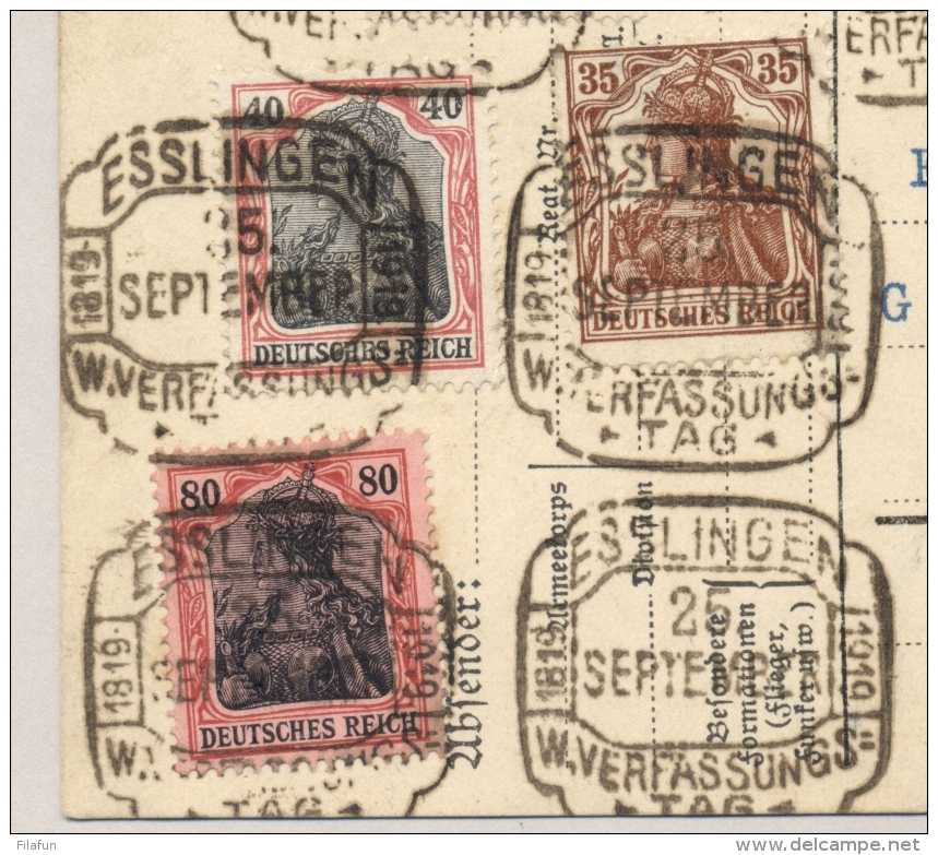 Deutsches Reich - 1919 - 7 Stamps On Postcard Cancelled Esslingen W. Verfassungstag - Brieven En Documenten