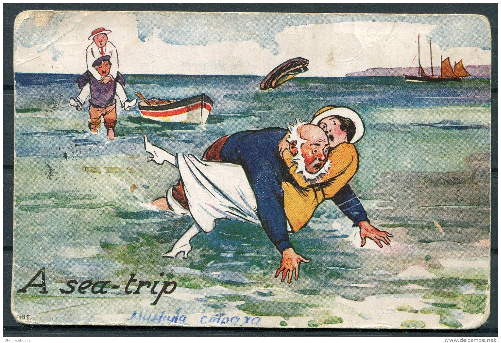 1943 USSR 'A Sea Trip' Tuck Comic Postcard. Censor - Brieven En Documenten