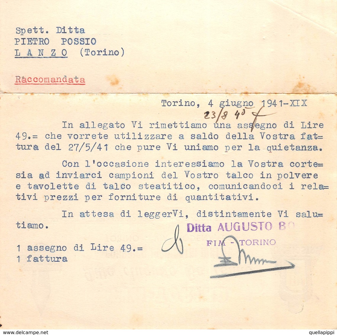 07682 "TORINO - DITTA AUGUSTO BO - FIM-TORINO - FABBRICA INCHIOSTRI E MATITE"  CARTONCINO COMM.LE SPED 1941 - Advertising