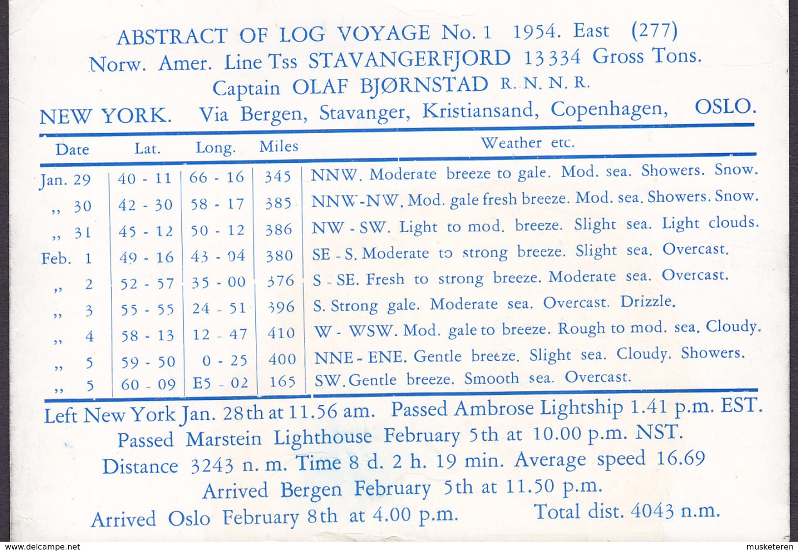 Norway PPC Norwegian Amerika Line TSS 'STAVANGERFJORD' Abstract Of Log Voyage No. 1 1954 (2 Scans) - Norwegen