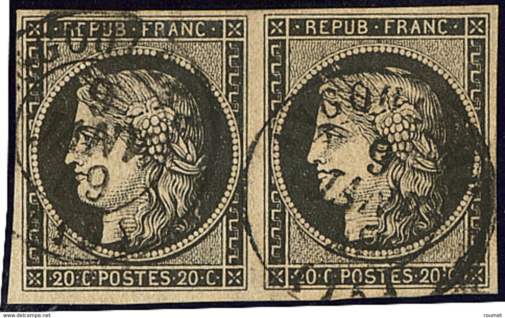 Oblitérations Sur 20cts Noir. 9 Janv 49, Cad 15 Angoulême, Sur N°3 Paire Horizontale (deux Frappes). - TB - 1849-1850 Ceres