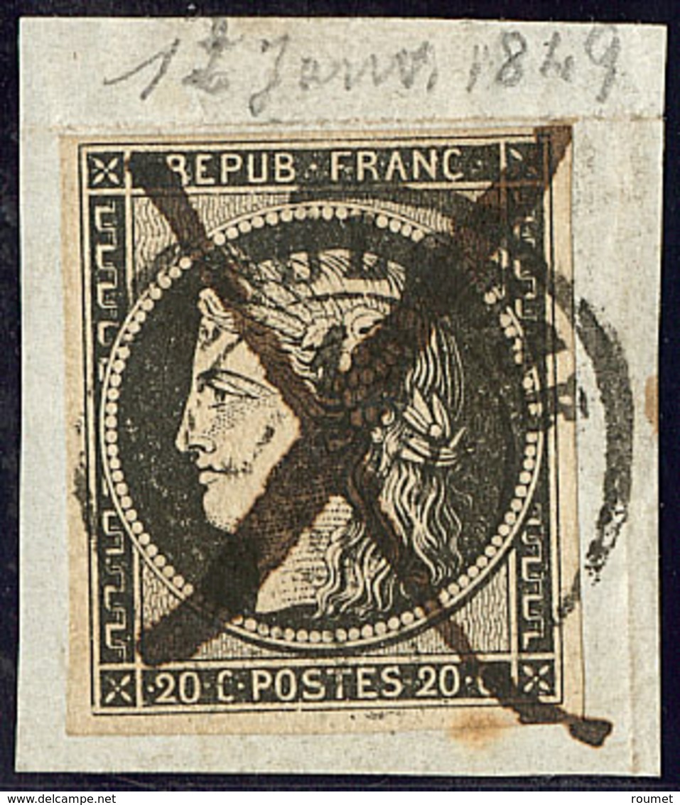 Oblitérations Sur 20cts Noir. 12 Janv 49, Cad 15 Toulouse + Plume, Sur N°3 Sur Petit Fragment. - TB - 1849-1850 Ceres