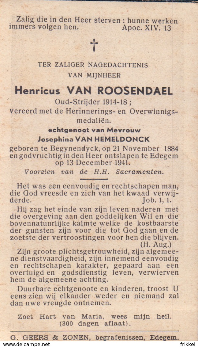 Oud Doodsprentje Henricus Van Roosendael (x Van Hemeldonck ) ° Begijnendijk 1884 - Edegem 1941 Oud-Strijder 1914-18 - Images Religieuses