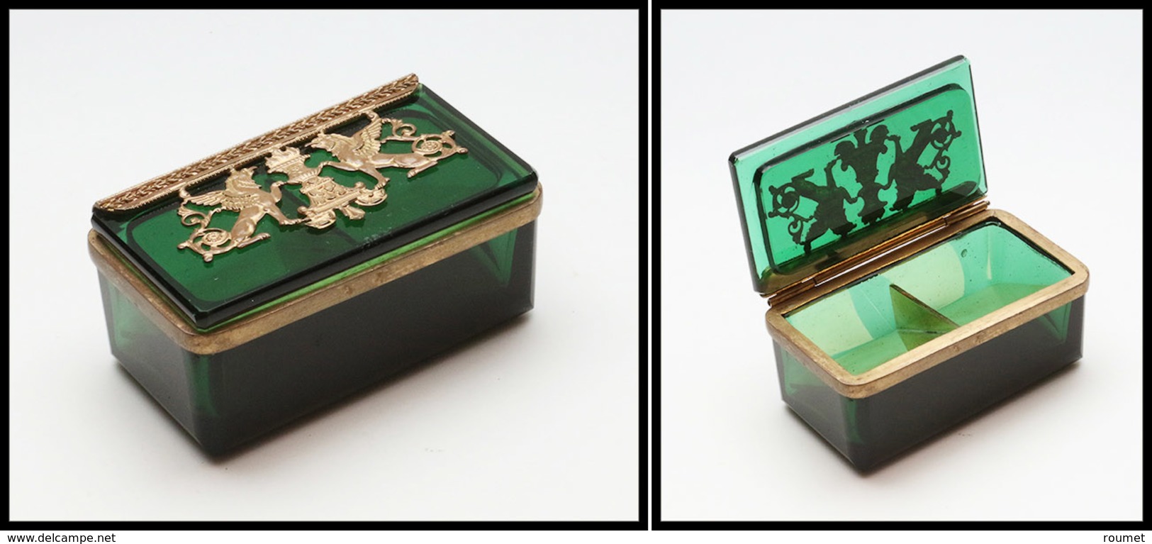 Boîte En Cristal Vert, Cerclage Et Fins Motifs Décoratifs En Bronze, 2 Comp., 75x40x30mm. - TB - Stamp Boxes
