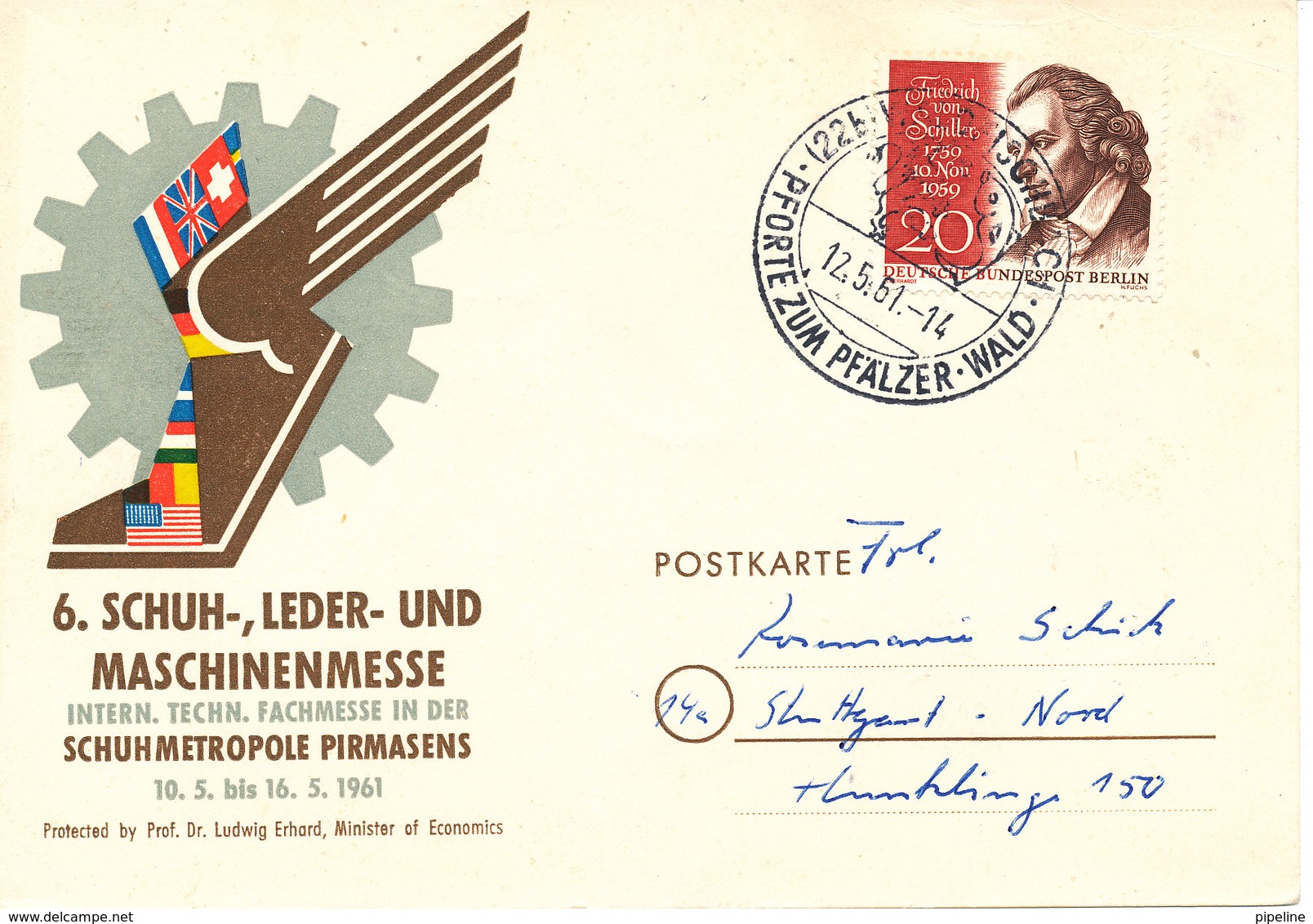 Germany Berlin Special Postcard 12-5-1961 6.Schuh-,Leder-und Maschinenmesse With Friedrich Von Schiller Stamp - Covers & Documents