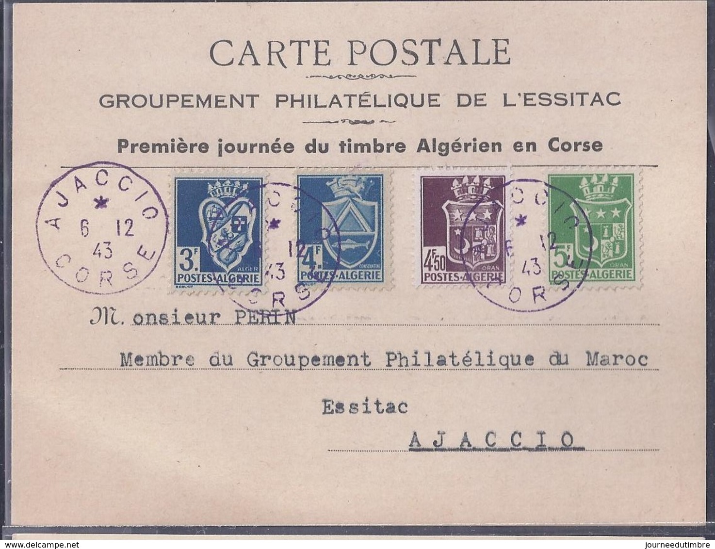 Carte Locale Journée Du Timbre 1943 Ajaccio Timbre Algerien Corse - Lettres & Documents