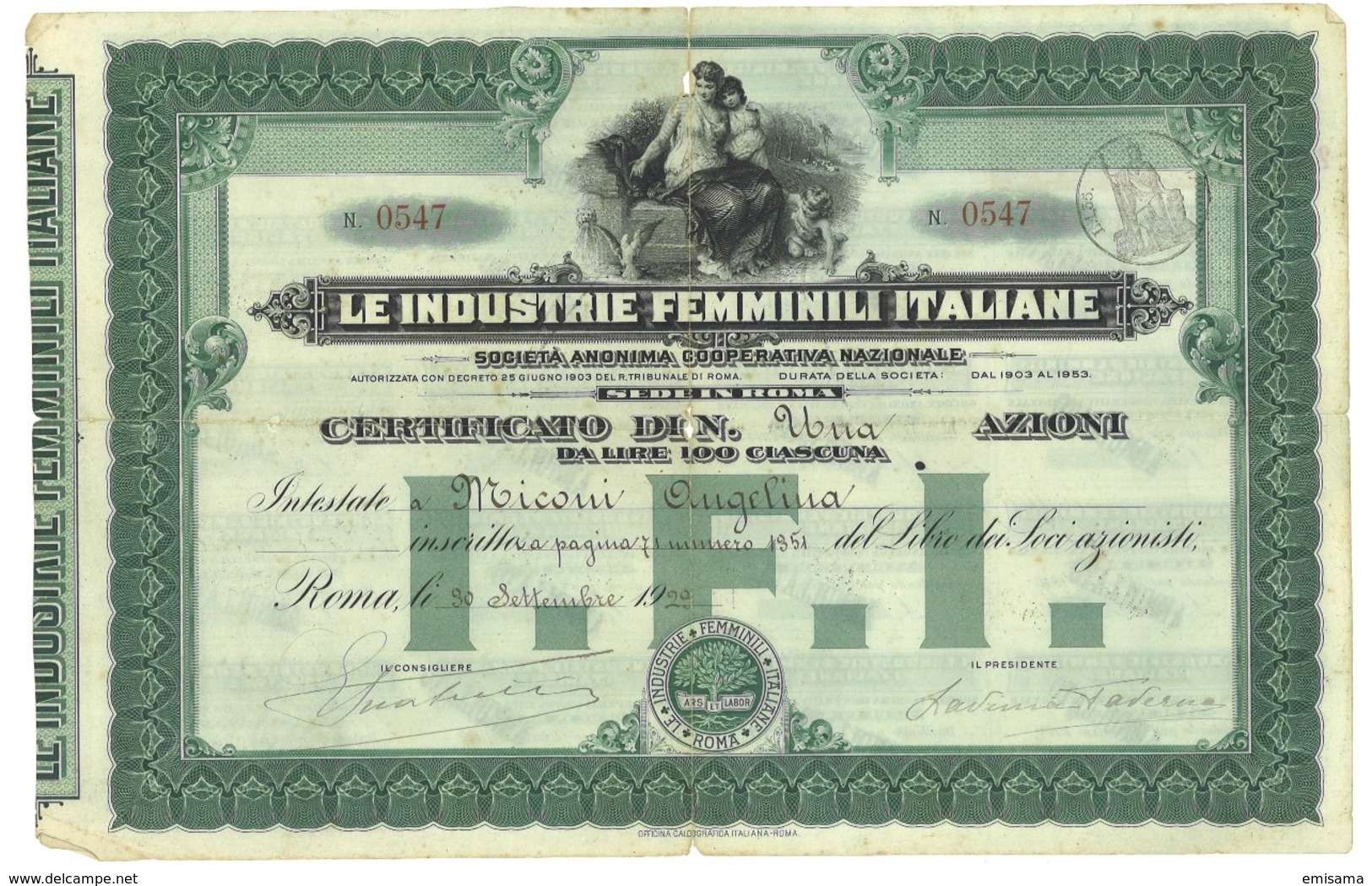 Azioni Industrie Femminili Italiane 1923 - Altri & Non Classificati