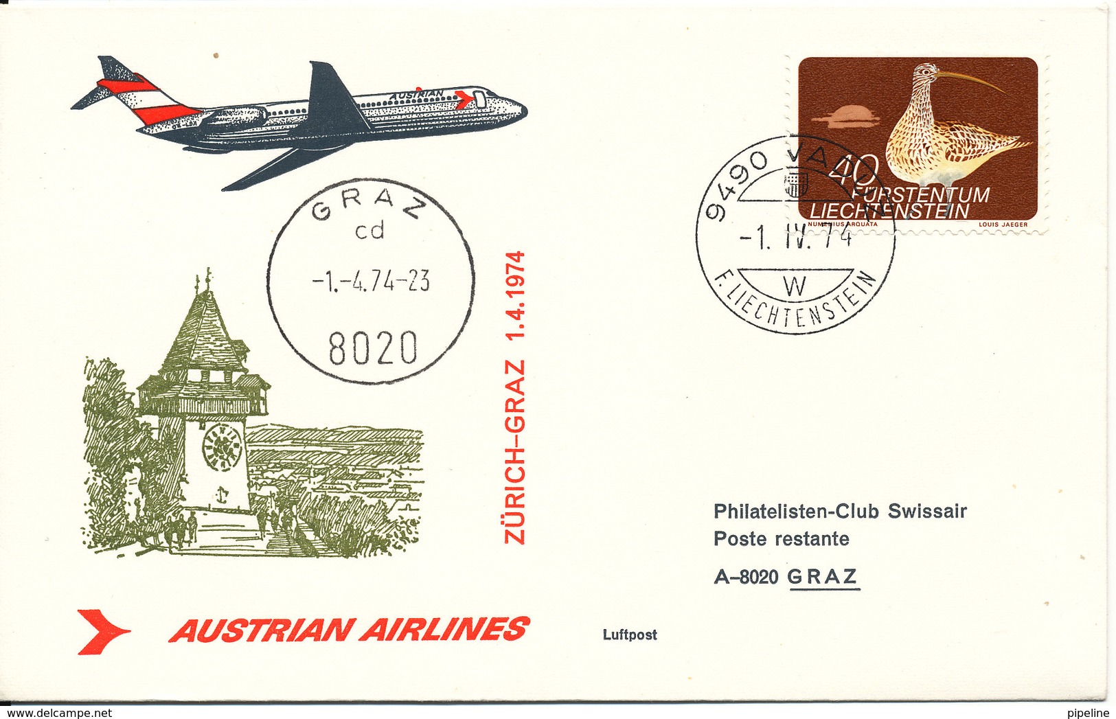 Liechtenstein Austrian Airlines First Flight Zurich - Graz 1-4-1974 - Covers & Documents