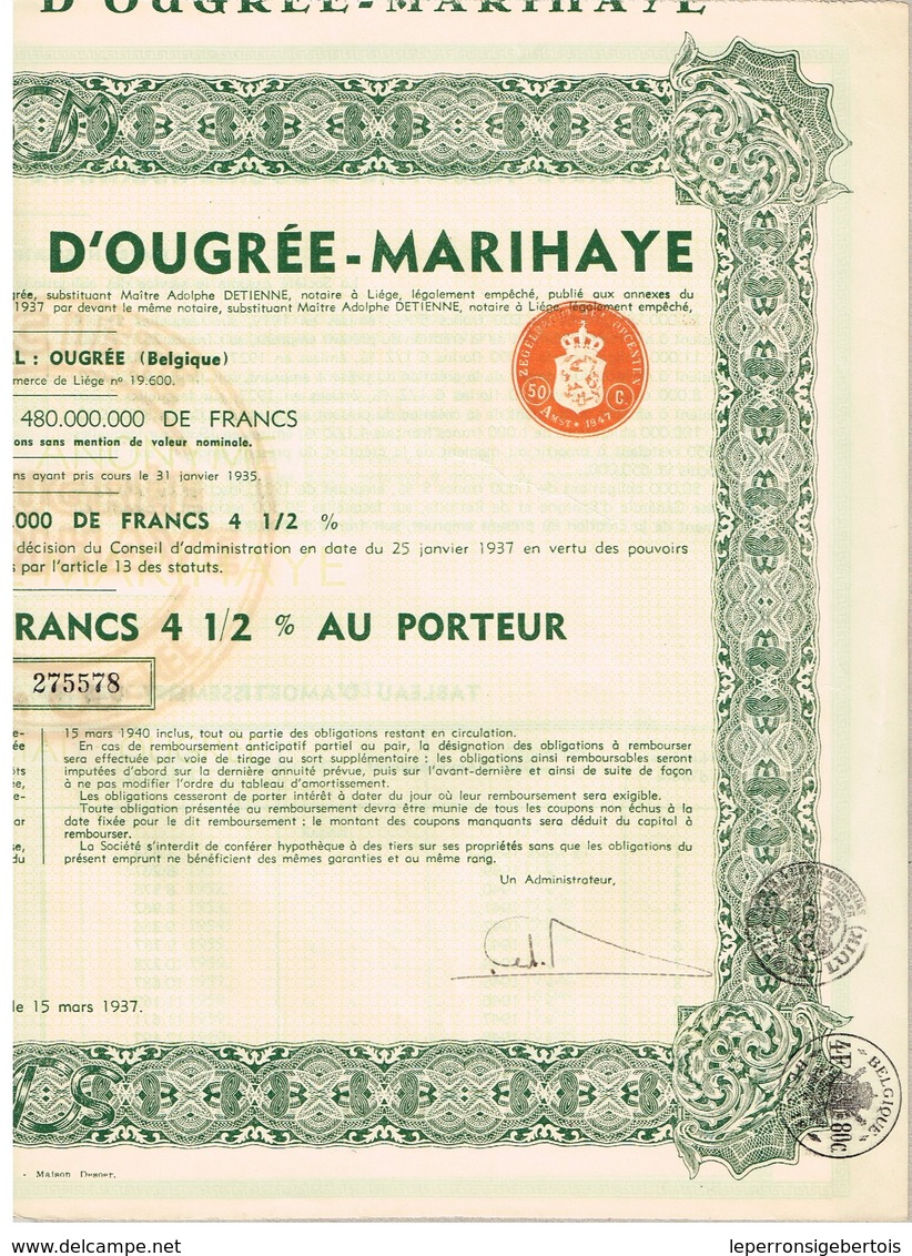 Obligation Ancienne - Sté Anonyme D'Ougrée-Marihaye - Titre De 1937 - N° 275578 - M - O