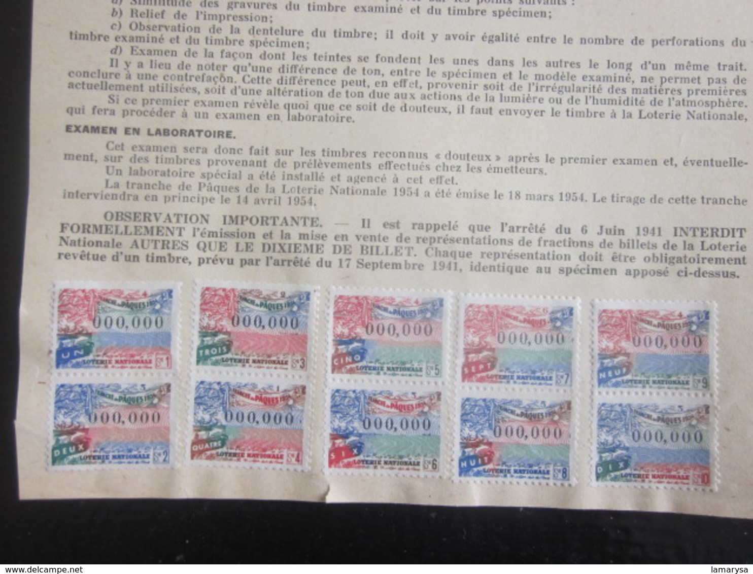 CONFIDENTIEL,LOTERIE NATIONALE 1954 PRINCIPES IDENTIFICATION TIMBRES 10 VIGNETTES TAILLE DOUCE N°00000 TRANCHE DE PÂQUES - Lotterielose