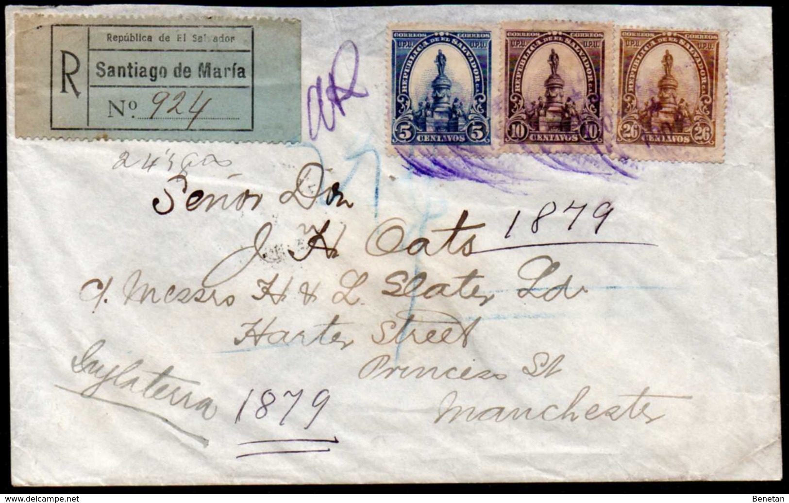 El Salvador To England Registered Cover 1904 Santiago De María To Manchester - El Salvador