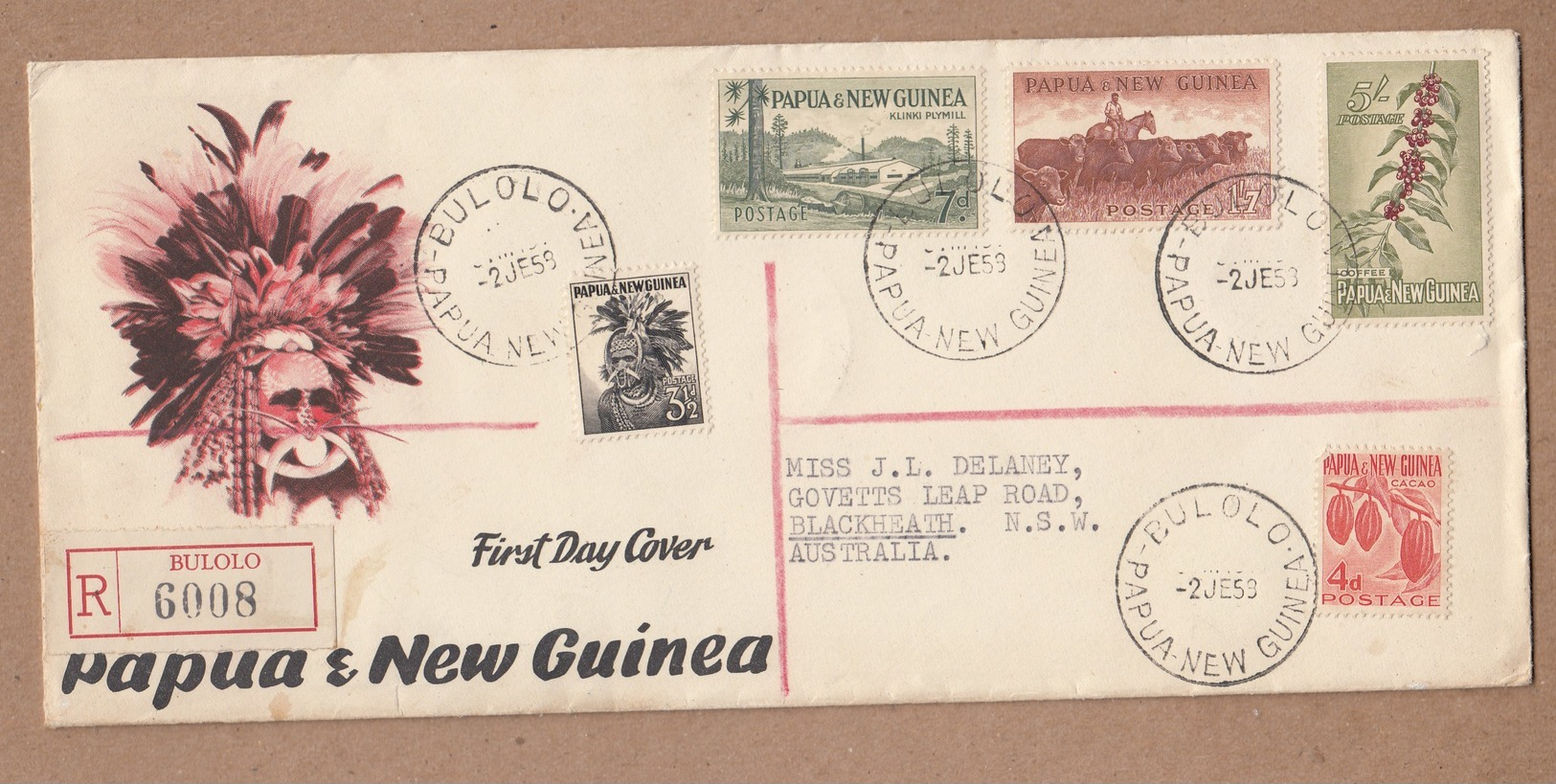 Papua New Guinea 1959 Registered FDC To Australia - Bulolo Registration Label - Papouasie-Nouvelle-Guinée