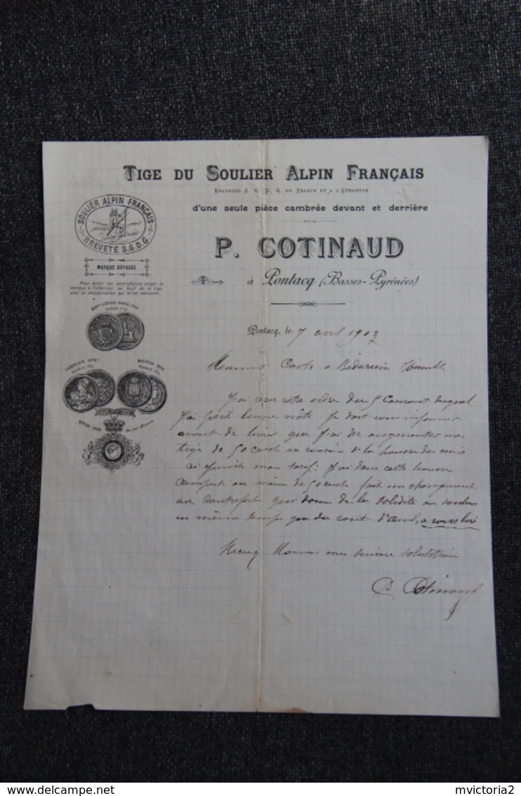 Facture Ancienne, PONTACQ - Tige Du Soulier Alpin FRANCAIS , P.COTINAUD. - Sport En Toerisme