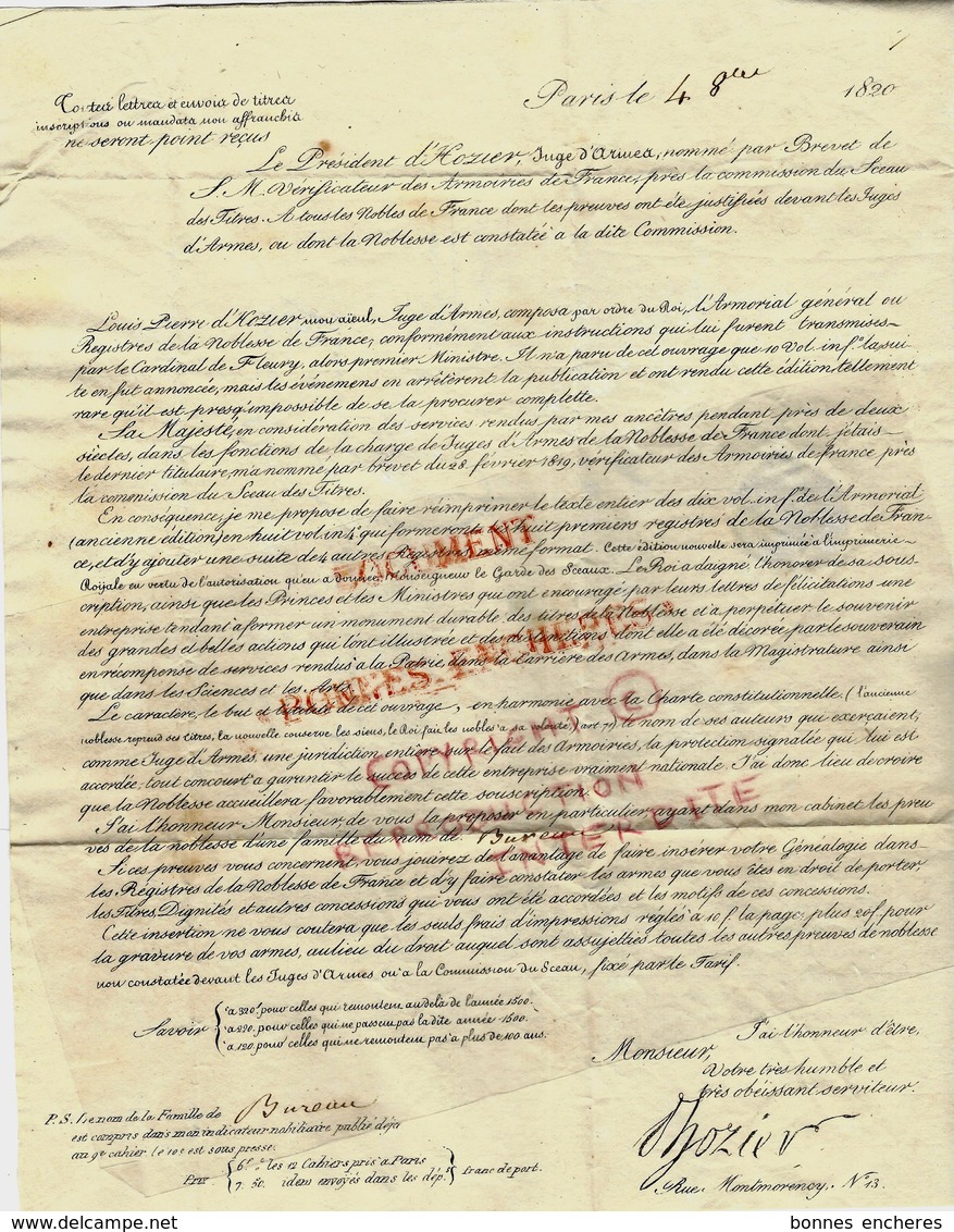 1820 D'HOZIER ARMORIAL GENERALDE LA NOBLESSE REEDITION PRESENTATION DE LA FAMILLE DE L'AUTEUR B.E.V.HISTORIQUE - Historische Dokumente