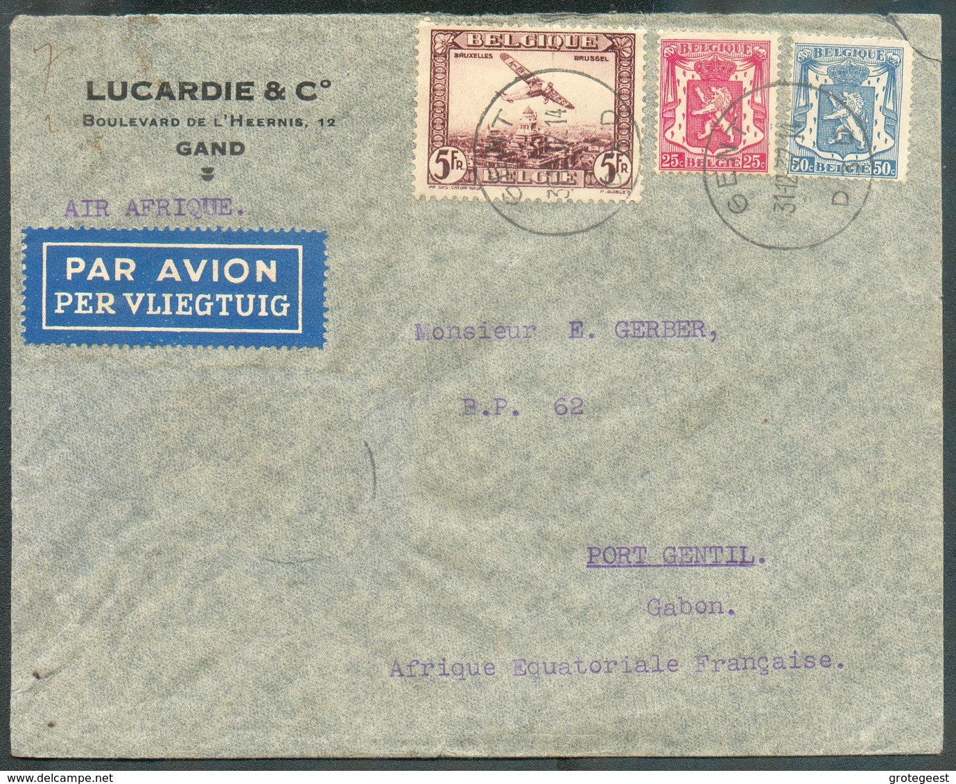 Lettre Par Avion De GENT 31-12-1937 Vers Le Gabon (Port Gentil) Via Cotonou (Dahomey) 5/01/1938 - 12754 - Autres & Non Classés