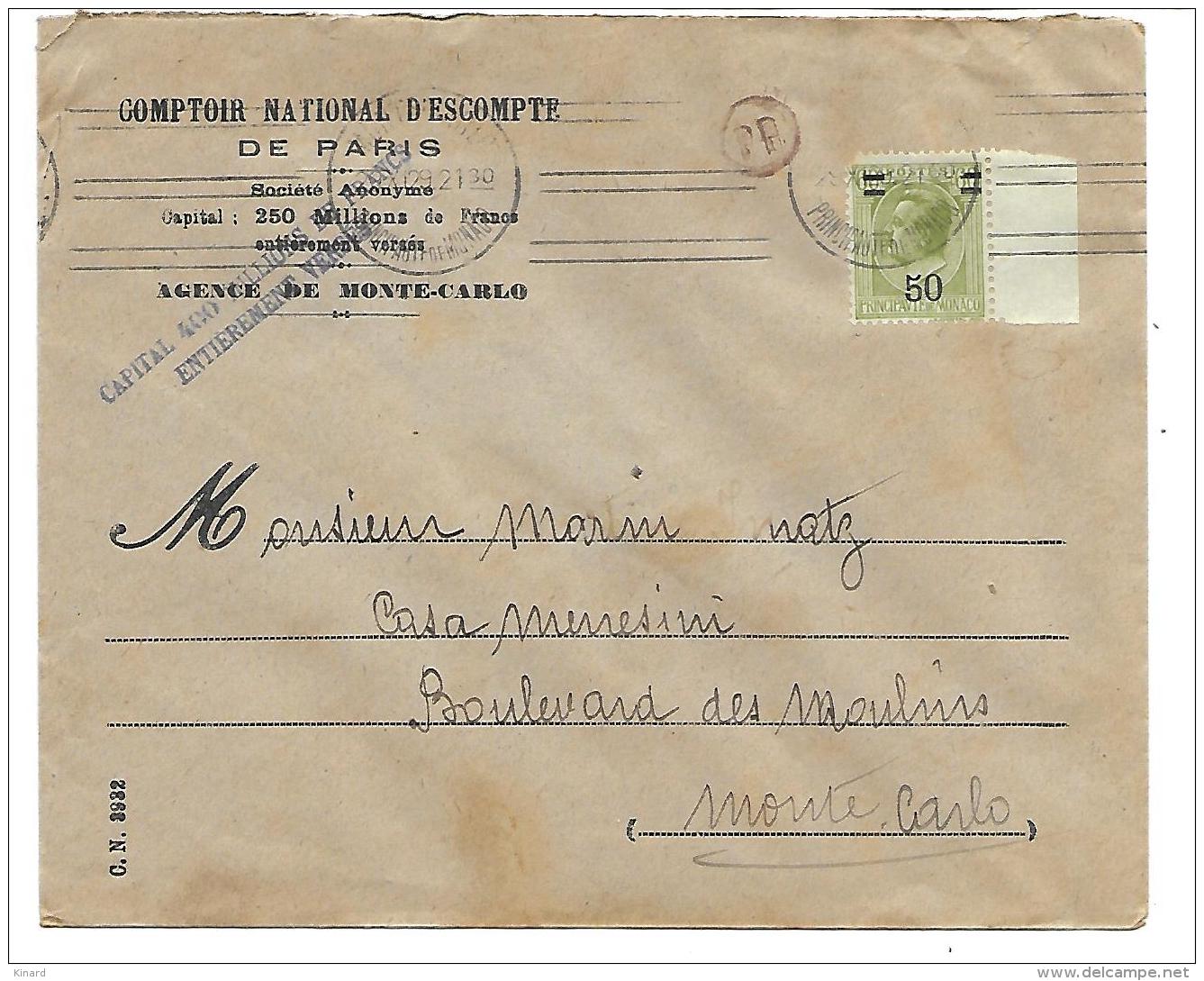 Lettre De  MONACO.TIMBRE N°105 Bord De Feuille.. SURCHARGE..AVEC Krag  RARE. 1929. - Lettres & Documents