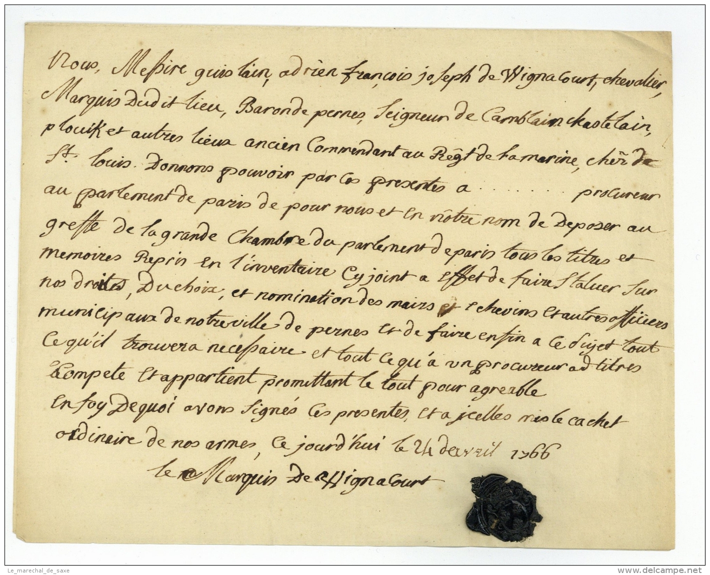 WIGNACOURT, Ghislain-Joseph Adrien Francois De (1715-1772). Marquis De Wignacourt, Baron De Pernes, Seigneur De Dourton - Manuscripten