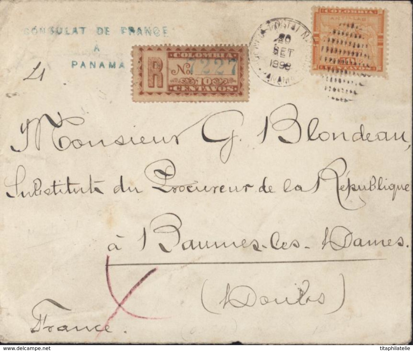 Lettre Du Consulat De France à Panama CAD Agencia Postal Nacional Panama 20 9 1898 Timbre Colombia Antillas Recommandé - Panama