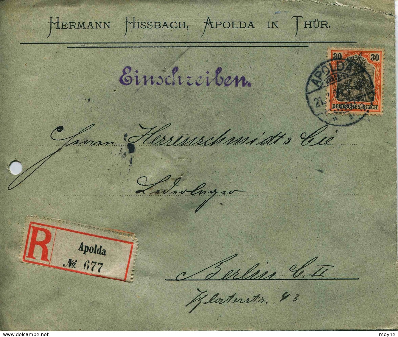 ENV 18  Allemagne - EMPFOHLENER BRIEF- LETTRE RECOMMANDEE   APOLDA In THUR à  BERLIN   21/07/.1906 - 1 Timbre 30 D.R - Sonstige & Ohne Zuordnung