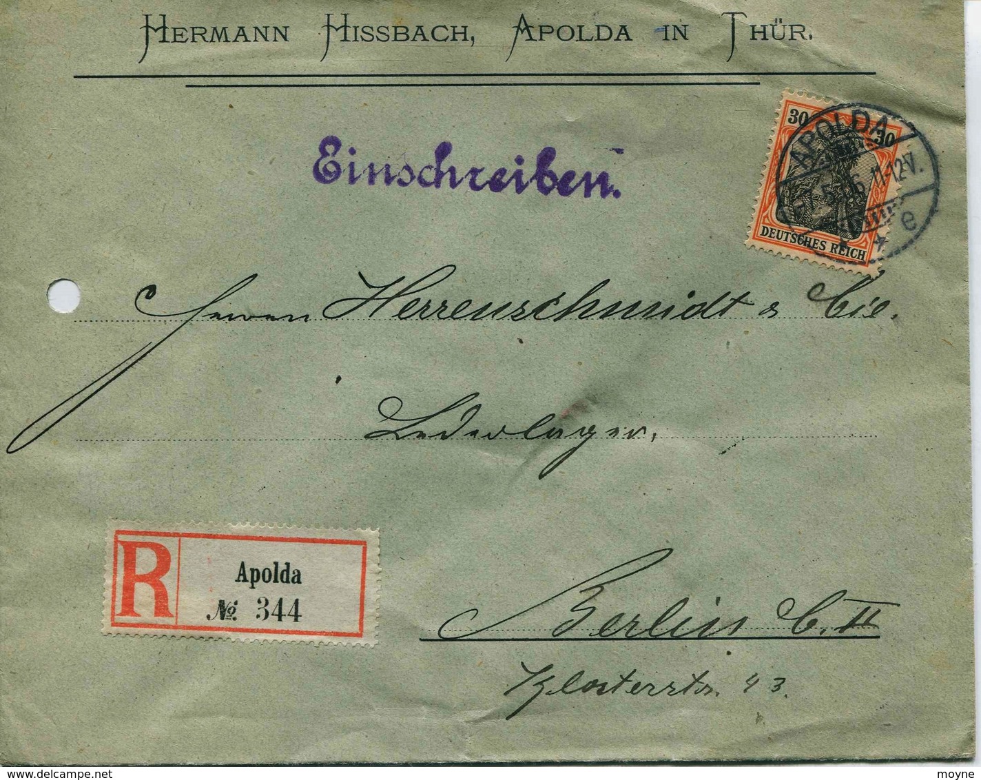 ENV 18  Allemagne - EMPFOHLENER BRIEF- LETTRE RECOMMANDEE   APOLDA In THUR à  BERLIN   07/05/.1906 - 1 Timbre 30 D.R - Sonstige & Ohne Zuordnung
