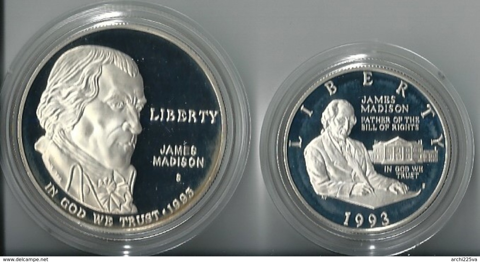 U.S.A. 1993 - James Madison - HALF + ONE DOLLAR FDC Proof - Argento / Argent / Silver - Conf. Originale (6 Foto) - Proof Sets