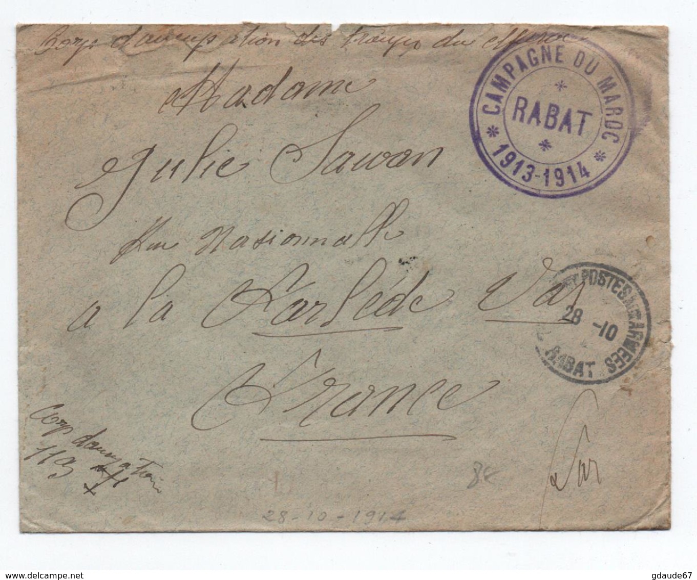 ENVELOPPE FM De RABAT (MAROC) Avec CACHET "CAMPAGNE DU MAROC / RABAT" - Guerra Del 1914-18