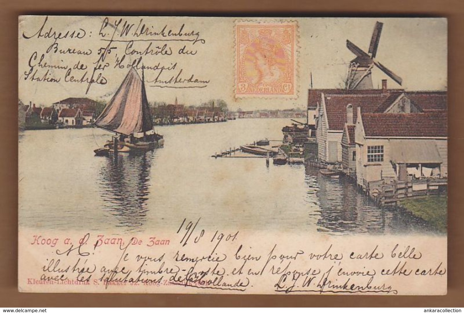 AC -  NETHERLANDS  KOOG A D ZAAN DE ZAAN WINDMILL, MOLEN SAILING BOAT AMSTERDAN TO TURKEY 19 AUGUST 1901 CARTE POSTALE - Zaanstreek