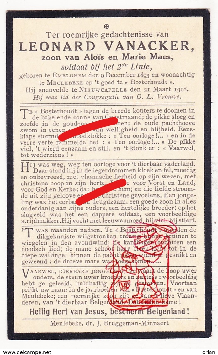 DP Gesneuveld WO I Oorlog 14-18 Leonard VanAcker / Maes ° Emelgem Izegem † Nieuwkapelle Diksmuide / Bosterhout Meulebeke - Devotieprenten