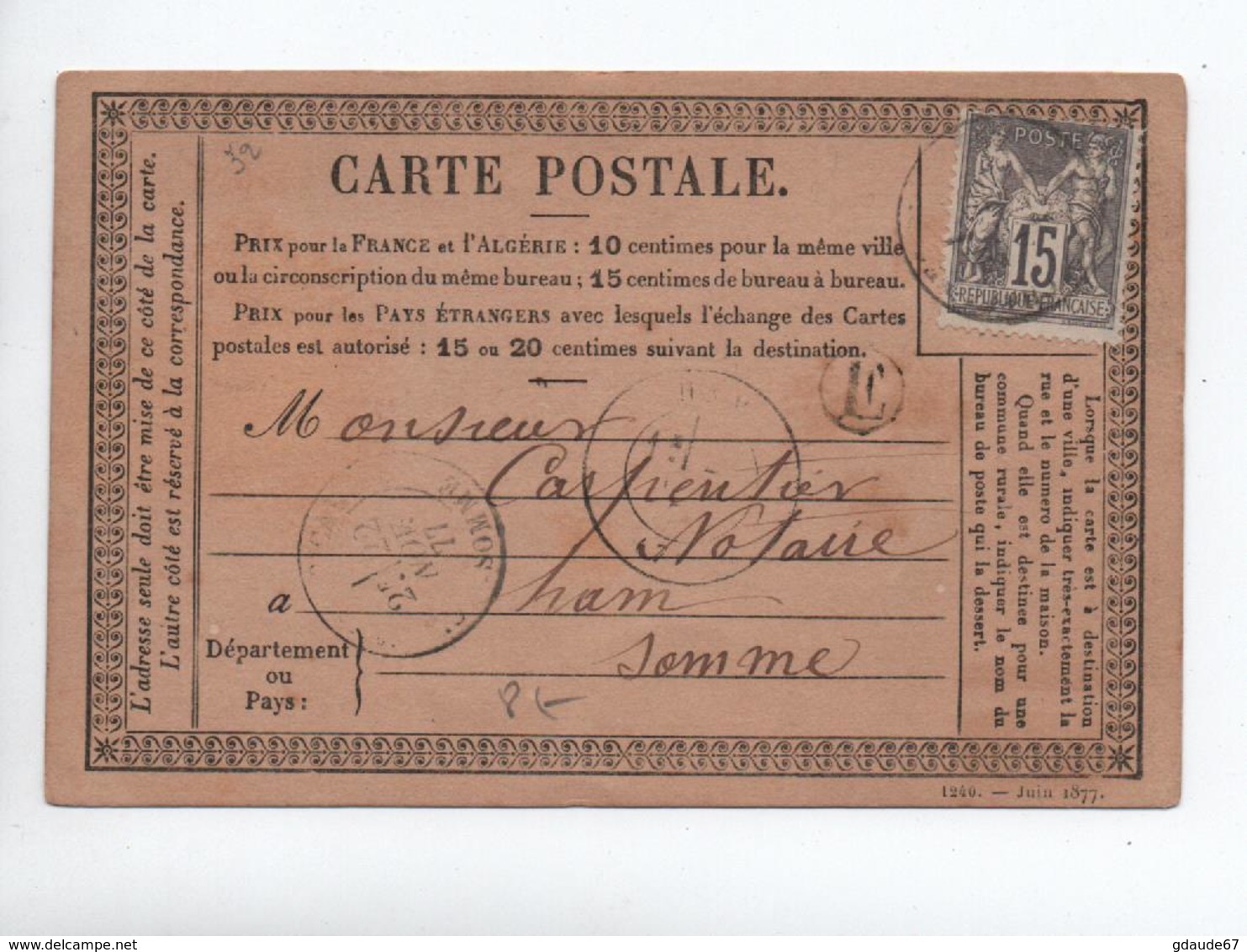1877 - CARTE PRECURSEUR De CHAULNES (BOITE RURALE E) Pour HAM (SOMME) - 1877-1920: Période Semi Moderne