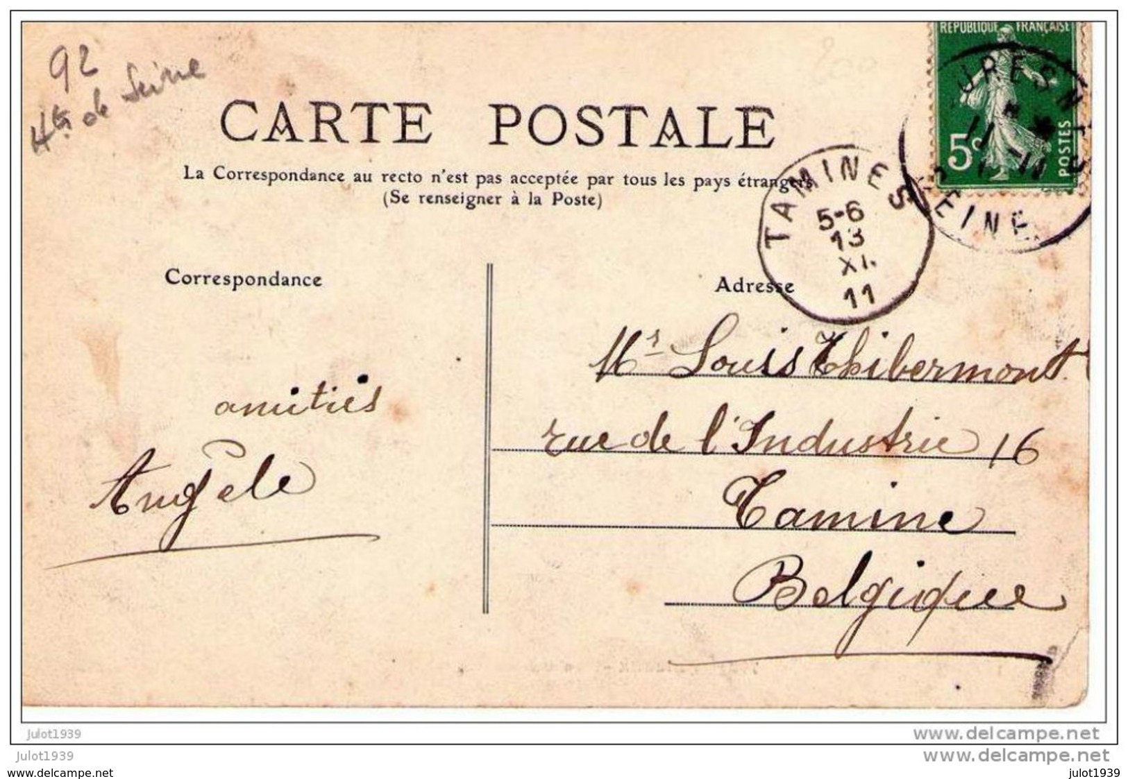 PUTEAUX ..-- 92 ..-- Rue Des Carrières . 1911 Vers TAMINES ( Mr Louis THIBERMONT ) . Voir Verso . - Puteaux