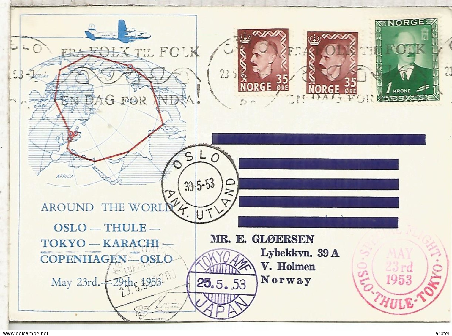 NORUEGA OSLO 1953 VUELO THULE TOKYO KARACHI COPENHAGEN OSLO - Covers & Documents