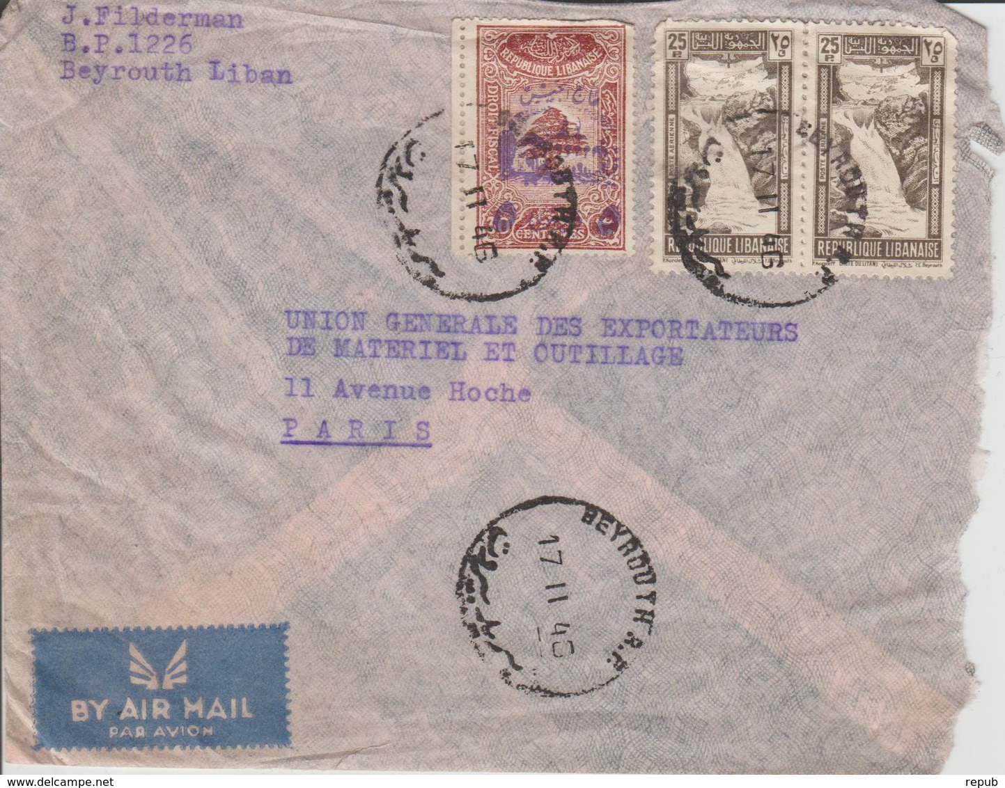 Liban Lettre De 1946 Par Avion Pour La France - Liban