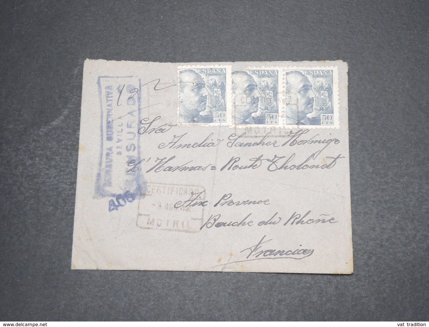 ESPAGNE - Enveloppe En Recommandé De Motril Pour La France En 1942 , Censure De Seville - L 16302 - Marcas De Censura Nacional
