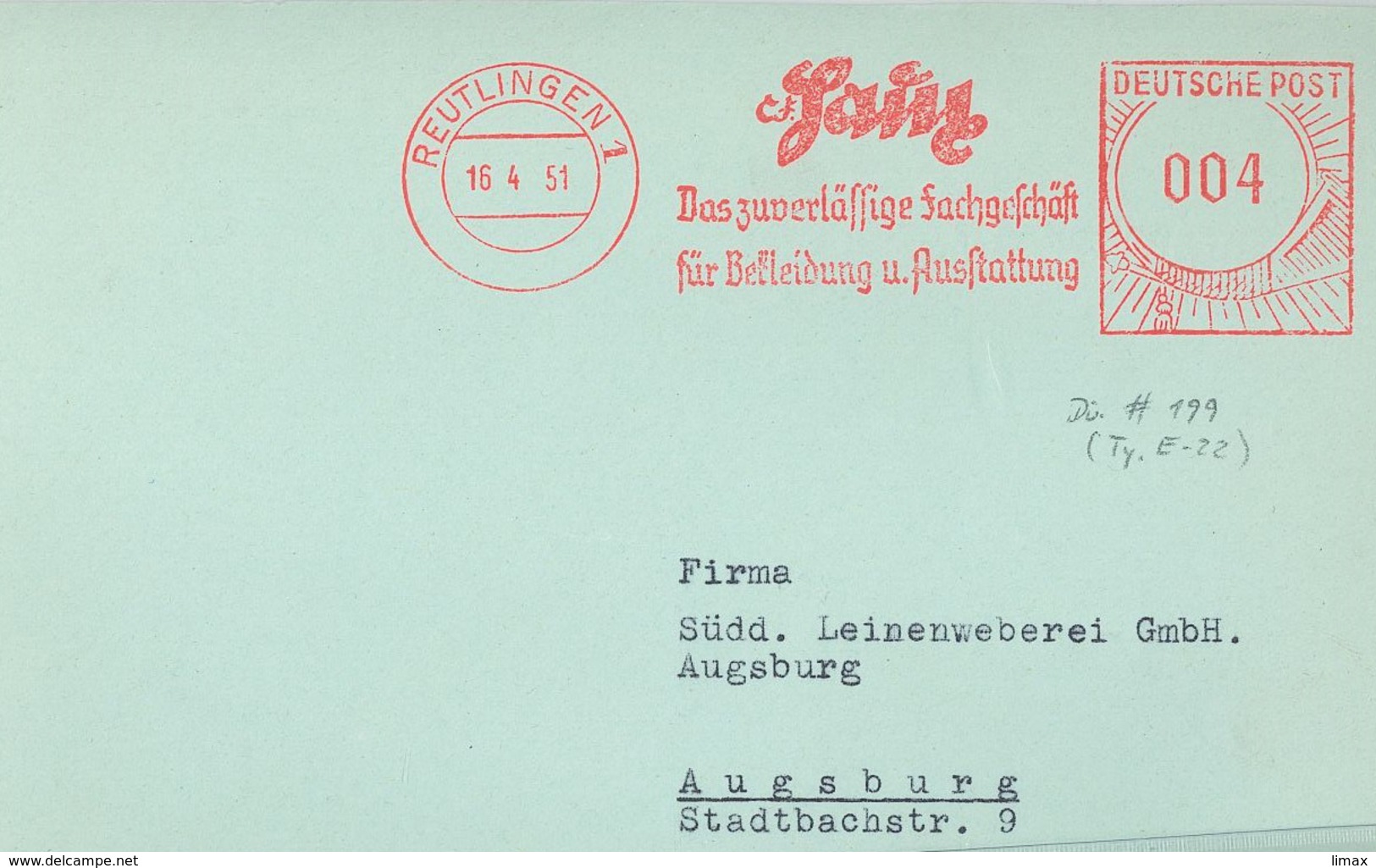 1951 Reutlingen Saitz Zuverlässig Fachgeschäft Bekleidung Ausstattung - Storia Postale