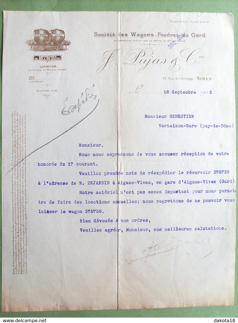 30 ,nimes  ,facture Lettre Société Des Wagons,foudres Du Gard Pujas Et Cie ...1912 .....dim..27 Cm Par 21 Cm... - Nîmes