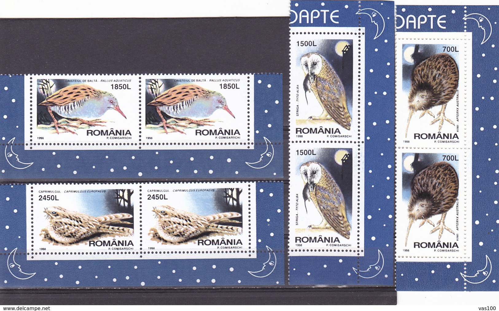 BIRDS KIWI,OWLS ETC.FULL SETS IN PAIR,1998 MNH,ROMANIA. - Kiwi's