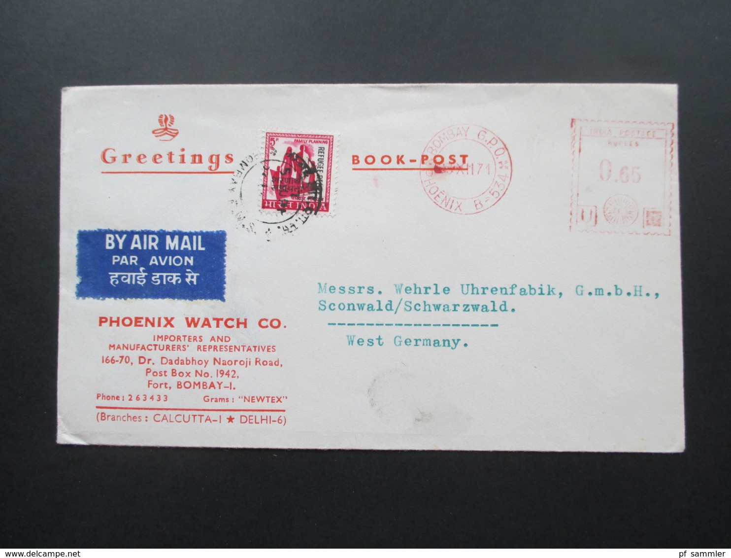 Indien 1971 Roter Freistempel Bombay GPO Phoenix Watch Co. Book Post. - Lettres & Documents