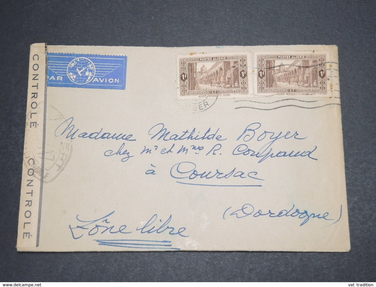 ALGÉRIE - Enveloppe De Alger Pour Coursac ( Zone Libre ) En 1941 Avec Contrôle Postal - L 16349 - Lettres & Documents