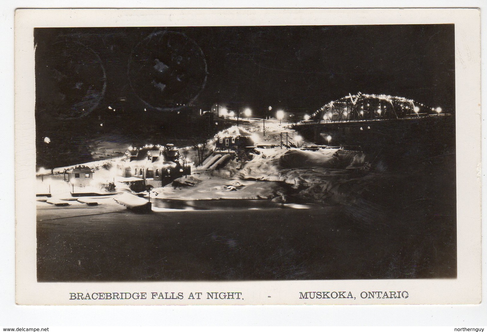 BRACEBRIDGE, Ontario, Canada, Bracebridge Falls At Night, 1946 Thatcher RPPC, Muskoka County - Muskoka