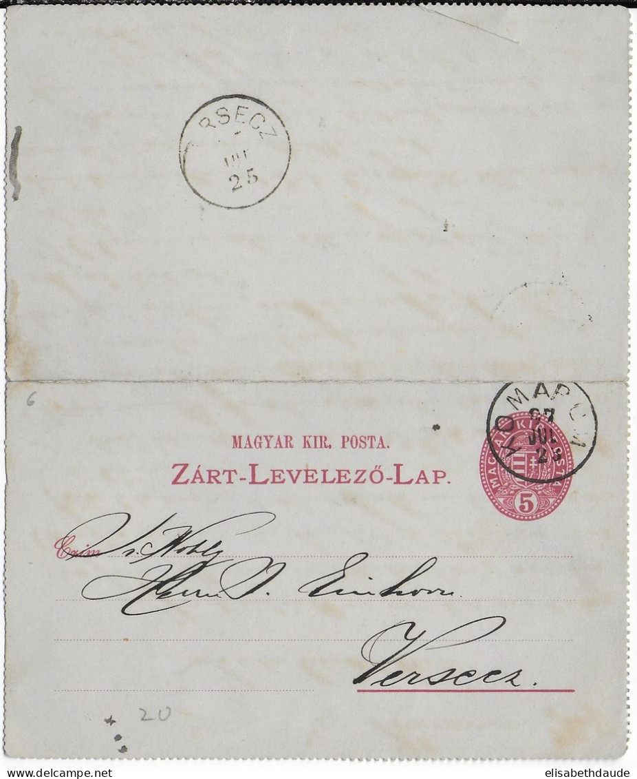 HONGRIE - 1897 - CARTE-LETTRE ENTIER POSTAL De KOMAPOM => VERSECZ - Enteros Postales