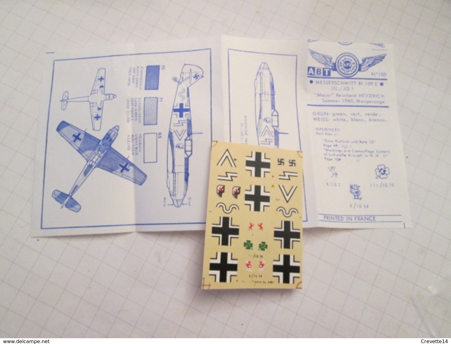 DEC514 :  Pour Collectionneurs Avertis : DECAL COMPLET  MARQUE ABT Années 60/70 : ME 109 E HEYDRICH - Décals