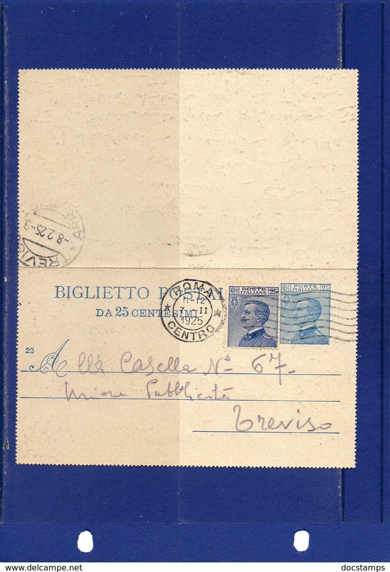 ##(DAN185)-1925- Biglietto Postale Cent.25 Filagrano B17  Mill.23 Usato Con Valore Gemello Cent.25 Da Roma Per Treviso - Entero Postal