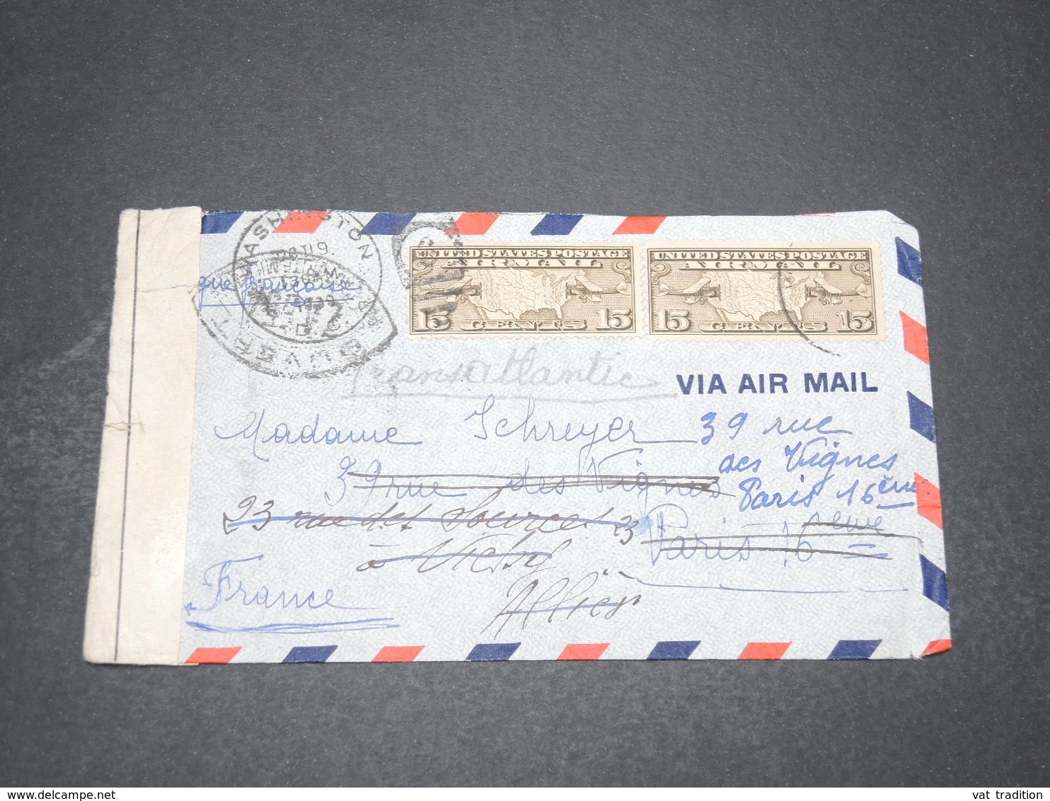 ETATS UNIS - Enveloppe De Washington Pour Paris En 1939 , Avec Contrôle Postal - L 16384 - Marcophilie