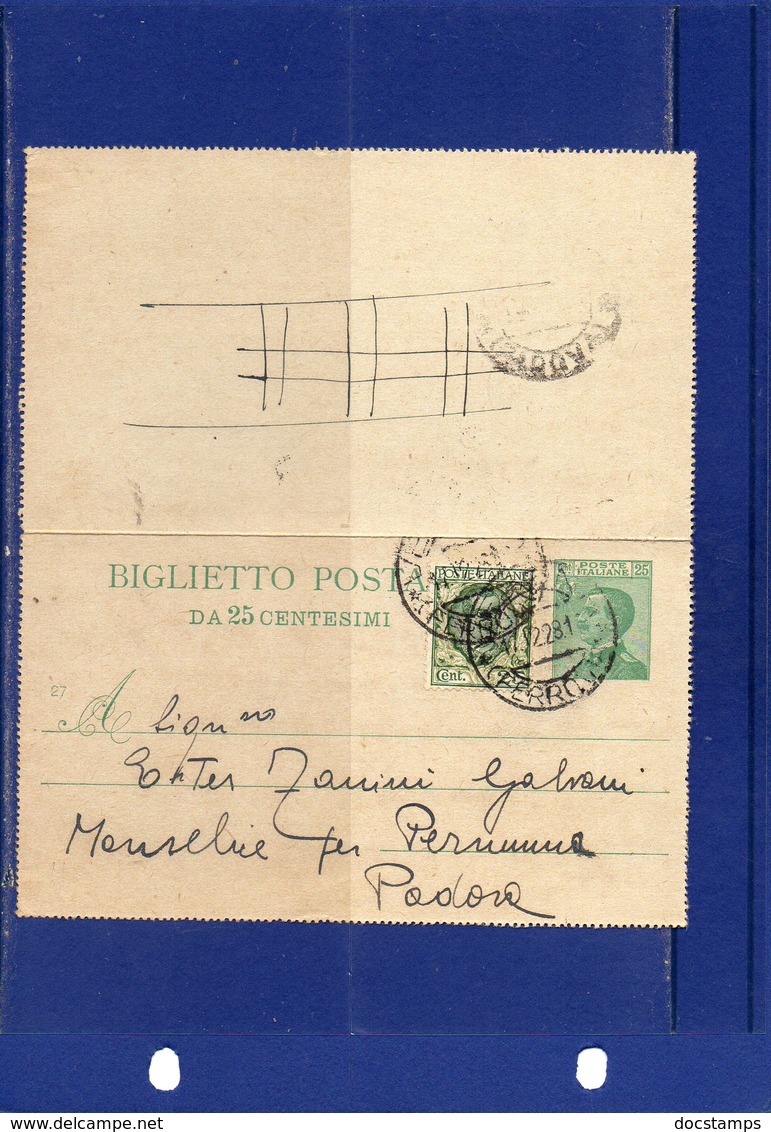##(DAN185)-1928-biglietto Postale Cent.25  Mill.27  Filagrano B21A Usato Con Valore Gemello Cent.25 Da Verona Per Padova - Interi Postali