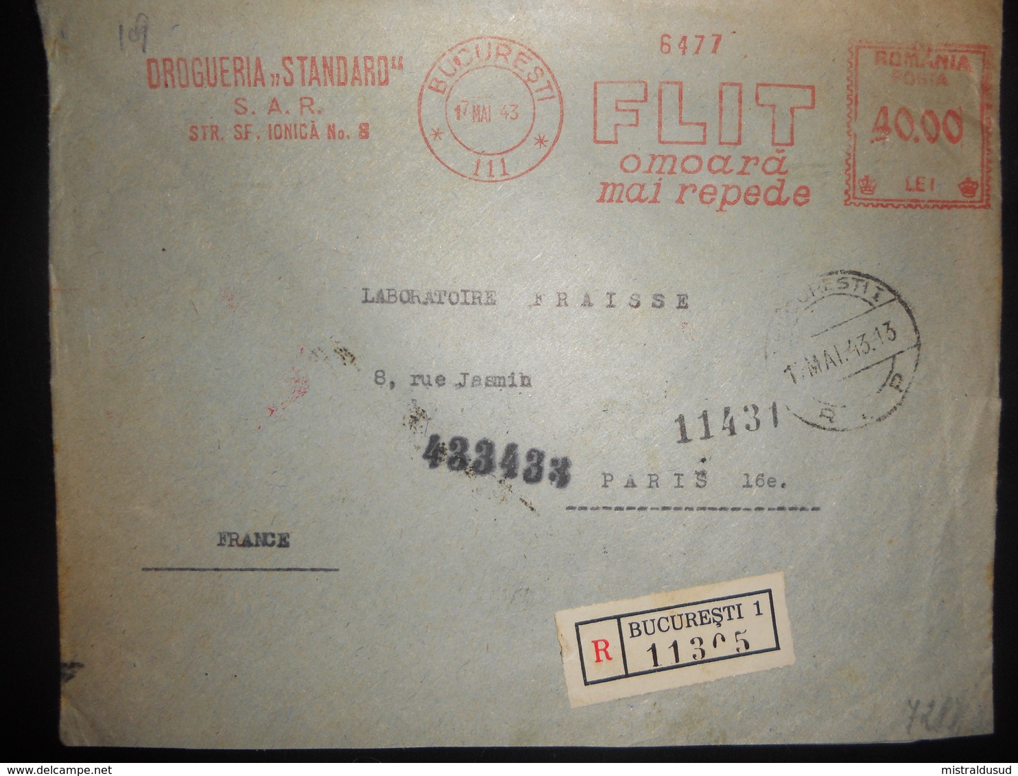 Roumanie , Lettre Recommandee De Bucuresti 1943 Pour Paris Avec Cenzurat - Brieven En Documenten