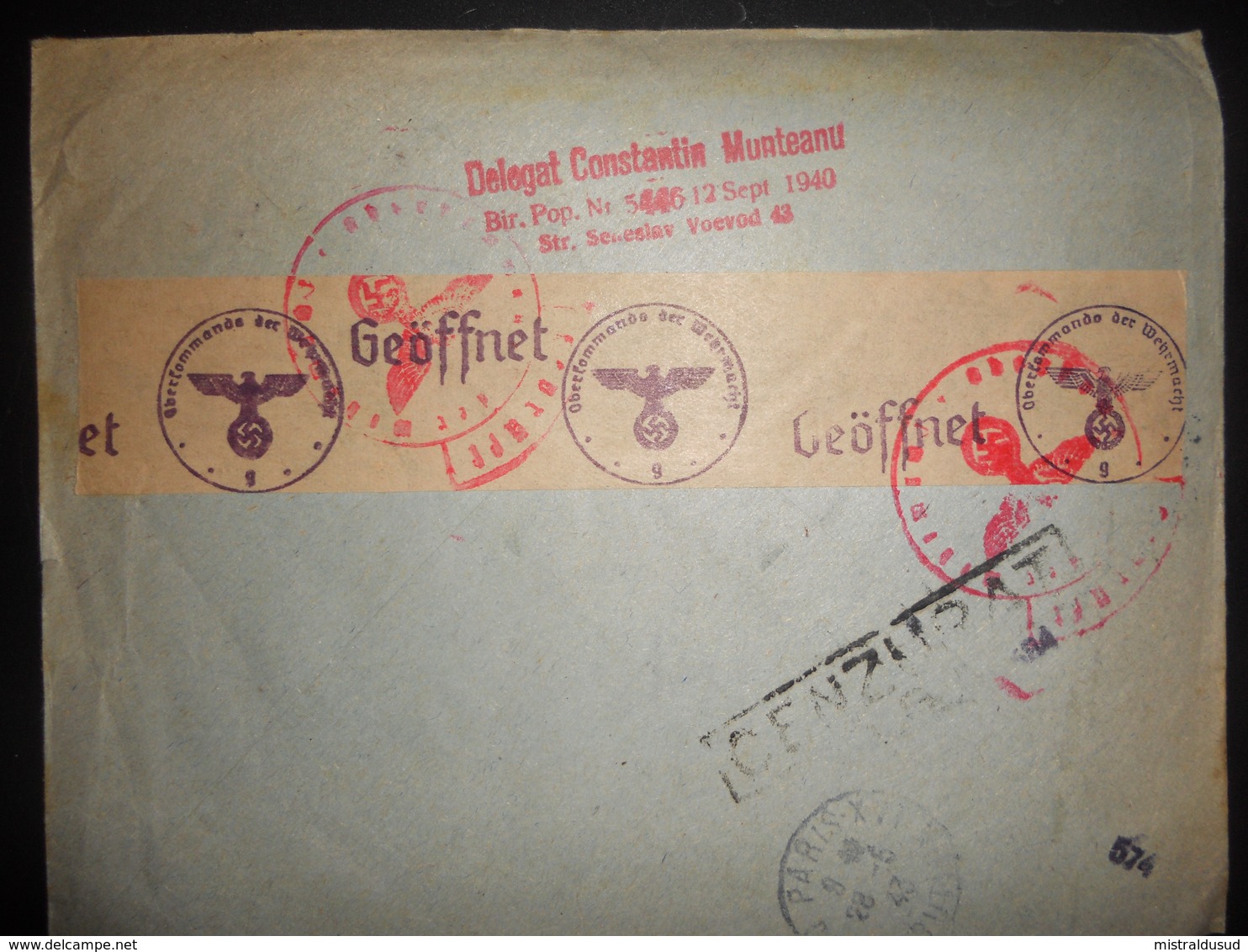 Roumanie , Lettre Recommandee De Bucuresti 1943 Pour Paris Avec Cenzurat - Storia Postale