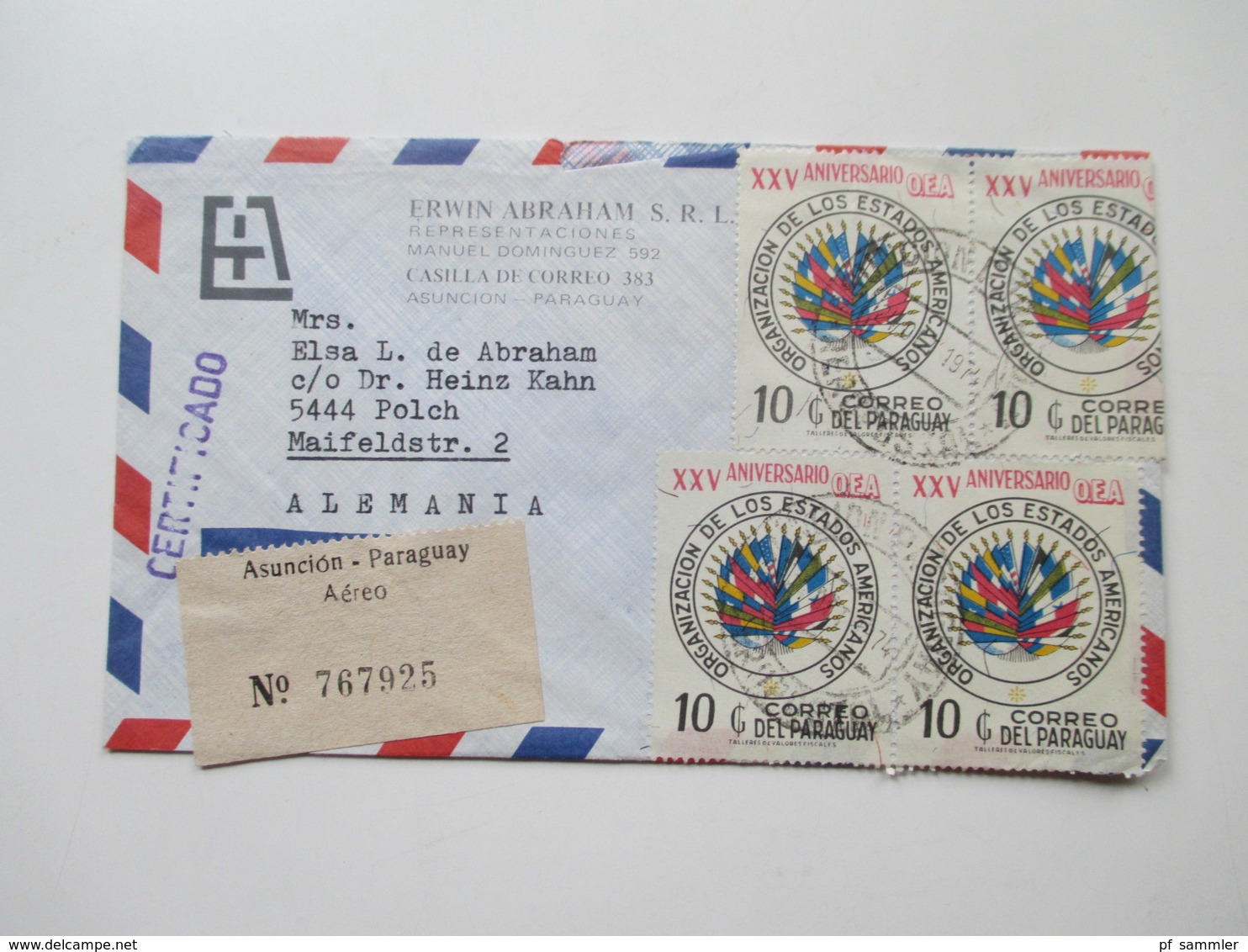 Paraguay ca. 1972 - 82 Korrespondenz 25 Luftpost Briefe. einige mit Inhalt! Certificado. Erwin Abraham S.R.L.