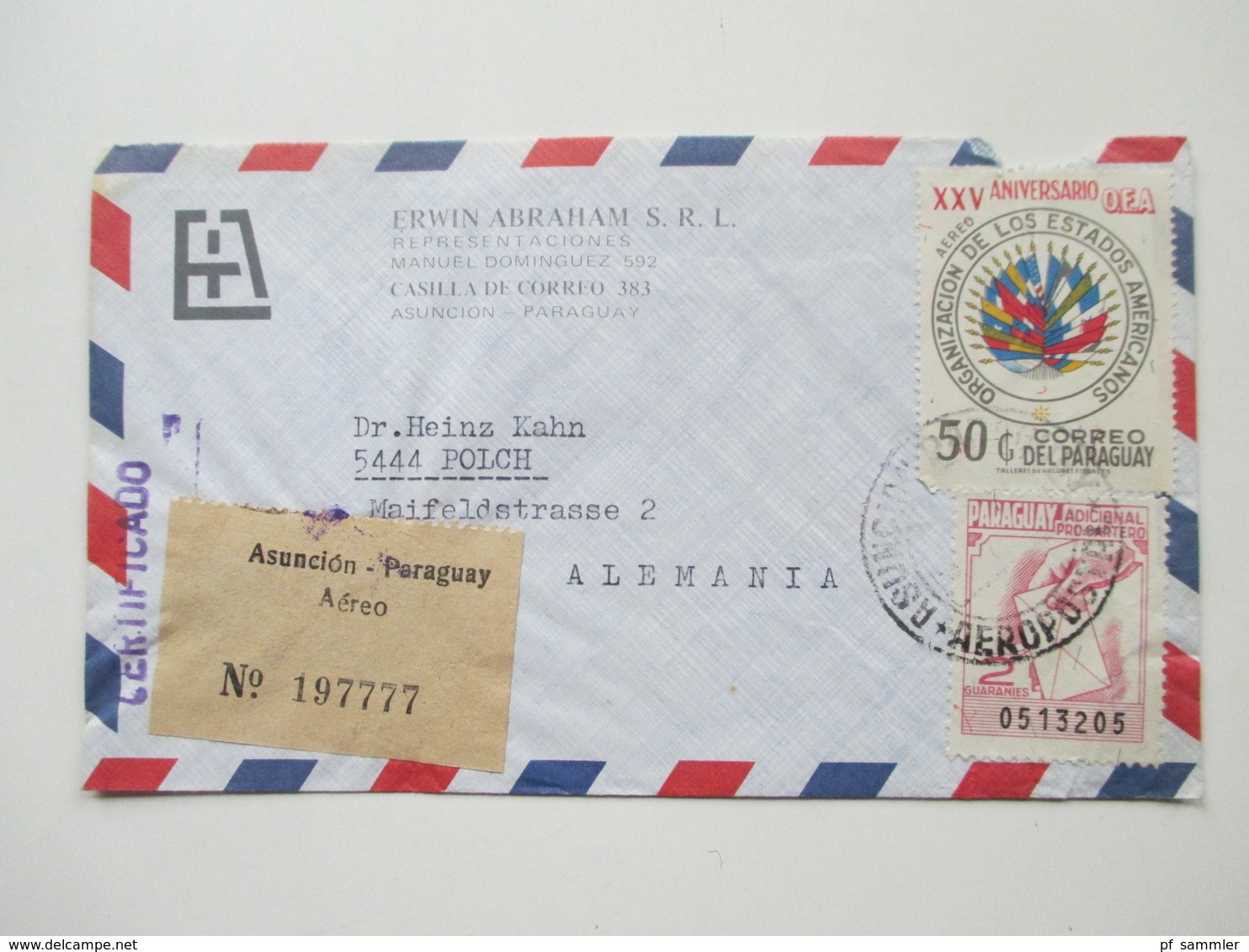 Paraguay ca. 1972 - 82 Korrespondenz 25 Luftpost Briefe. einige mit Inhalt! Certificado. Erwin Abraham S.R.L.