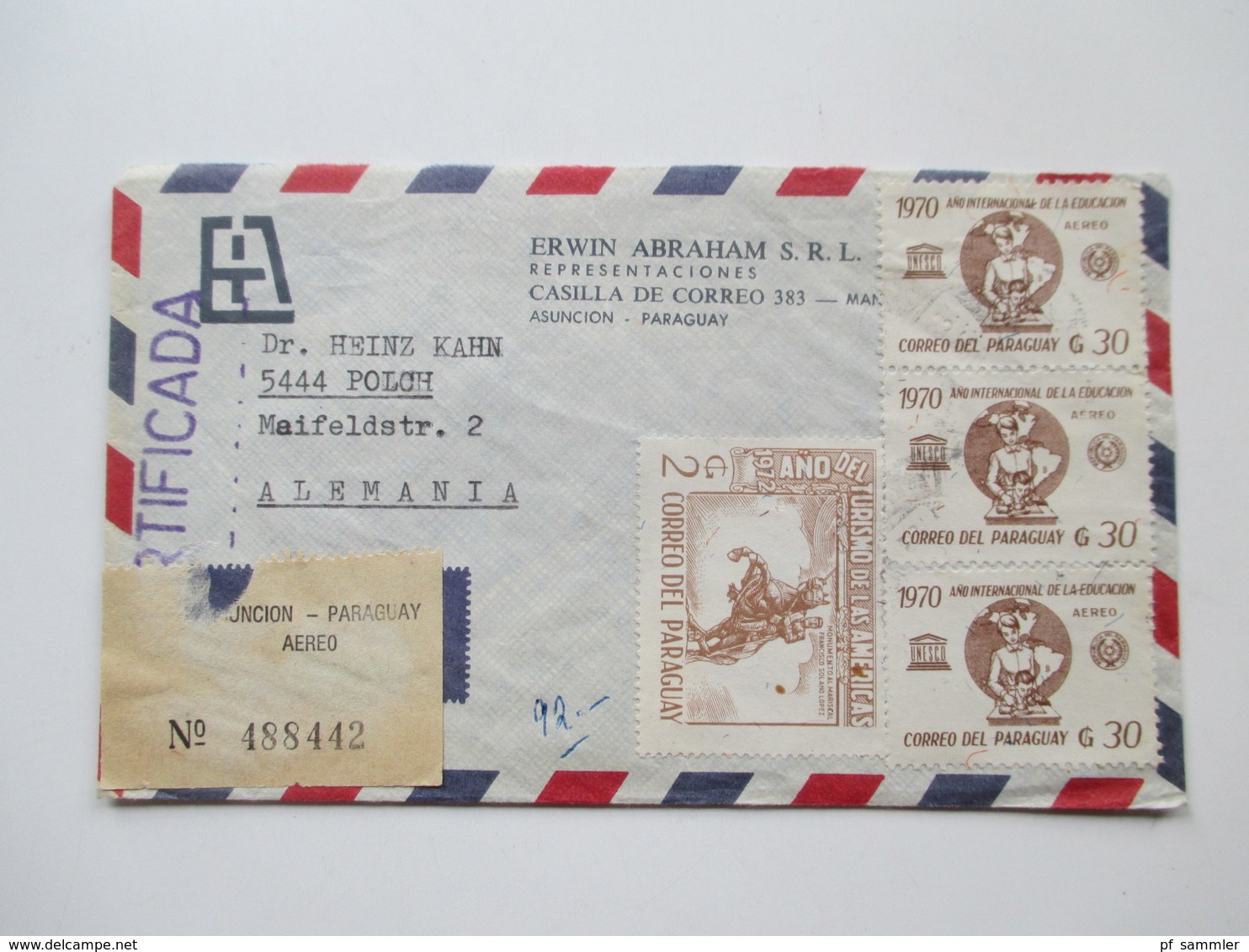 Paraguay ca. 1972 - 82 Korrespondenz 25 Luftpost Briefe. einige mit Inhalt! Certificado. Erwin Abraham S.R.L.